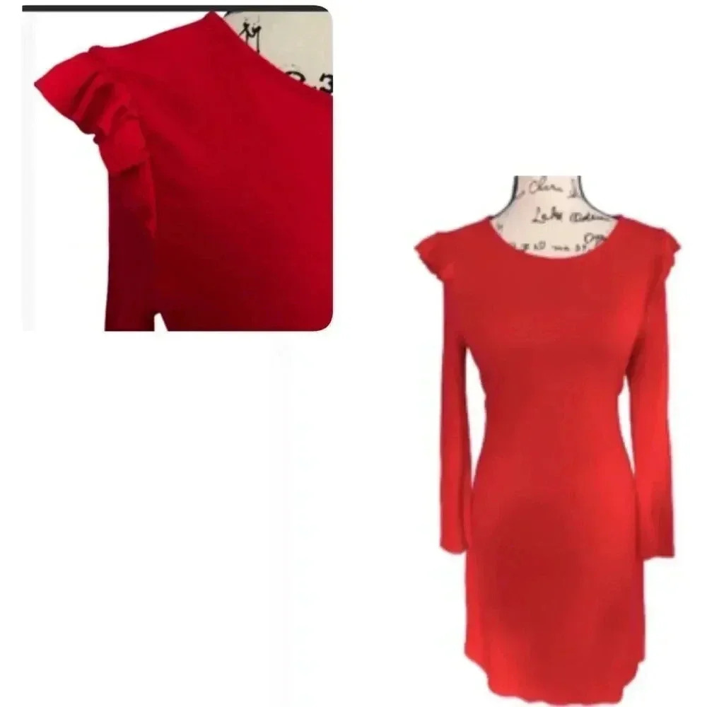 - old NAVY RED SHIFT DRESS LONF SLEEVE FLUTTER TRIM SLEEVES SIZE MEDIUM